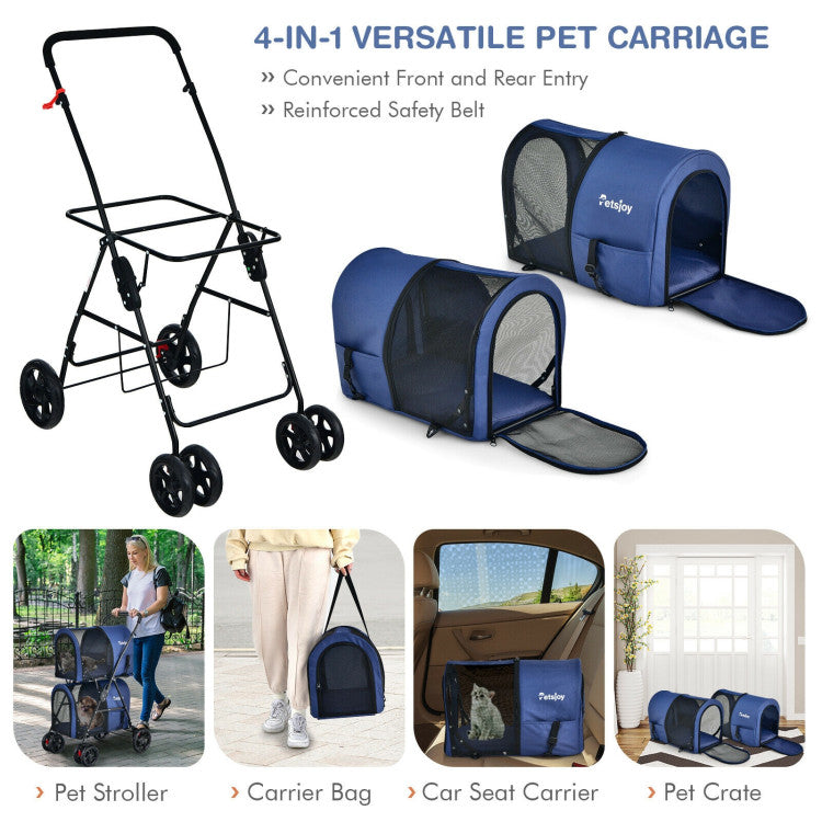 4-in-1 Double Pet Stroller with Detachable Carrier and Travel Carriage