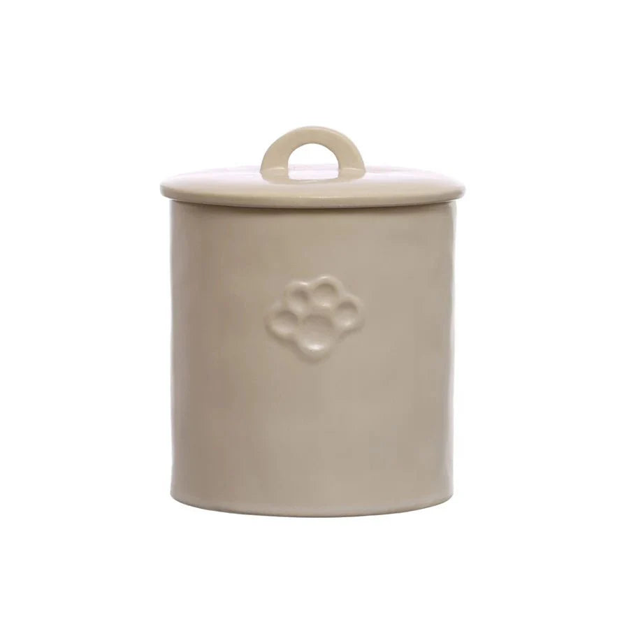 Stoneware Pet Treat Canister with Paw Print – Neutral Glaze